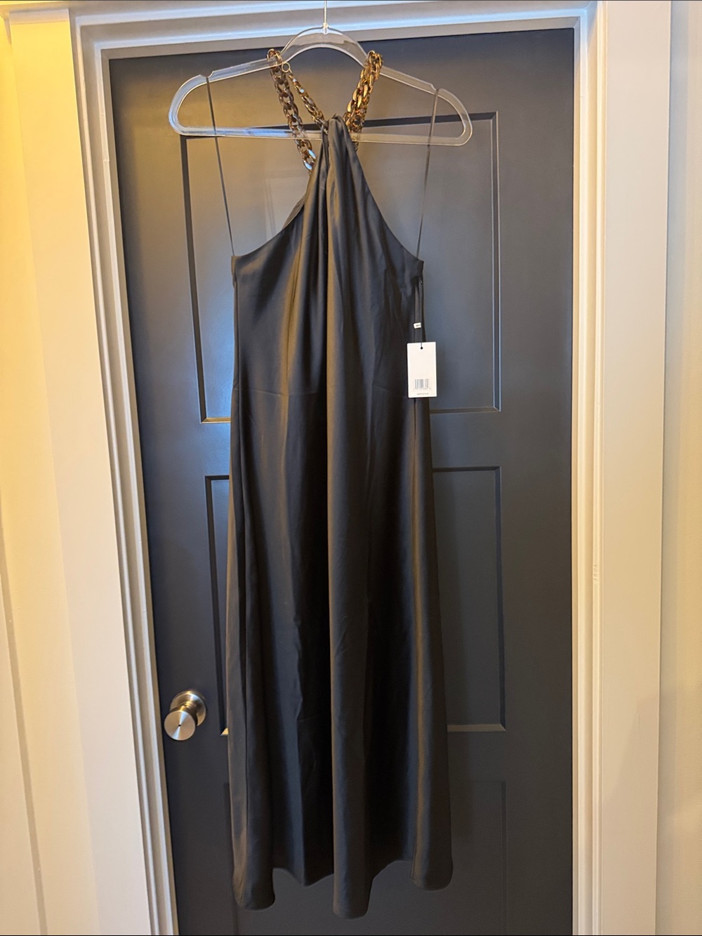 Jason Wu- Black Silky Tortoiseshell Chain Strap Halter Midi Dress Sz.M- NWT